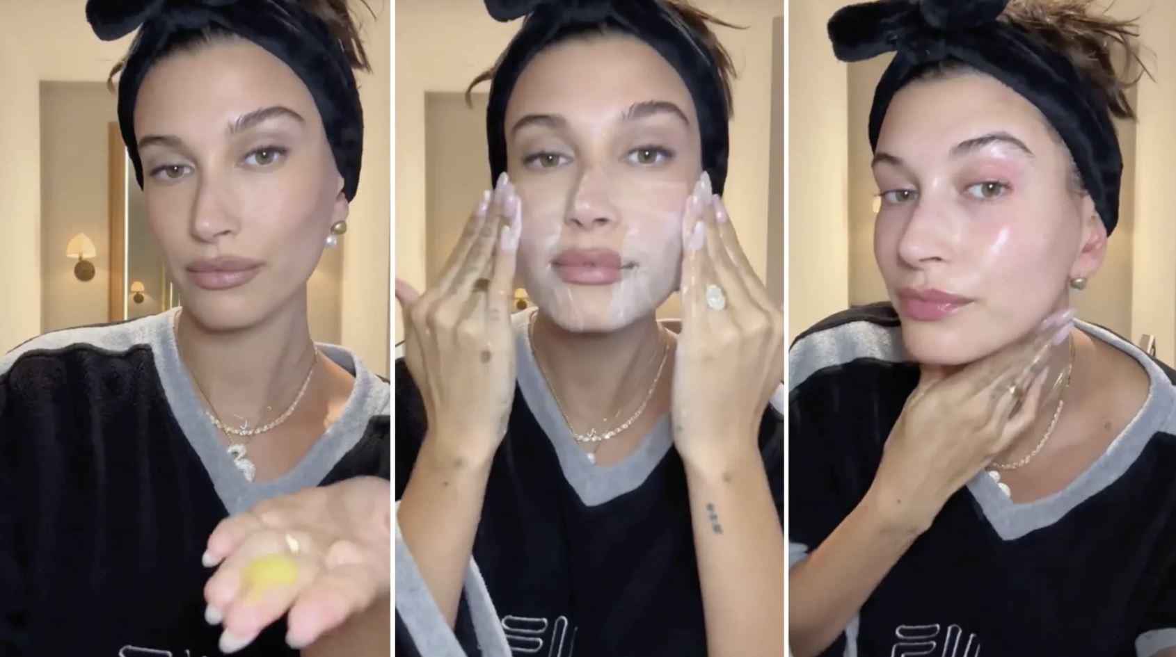 جدول مقایسه روتین‌های پوستی سلبریتی‌ها شامل برندهای معروف مانند SKKN by Kim، Rhode، La Mer و Fenty Skin با مراحل مختلف از پاکسازی، سرم‌ها، مرطوب‌کننده‌ها و ضدآفتاب‌ها برای انواع پوست‌ها.