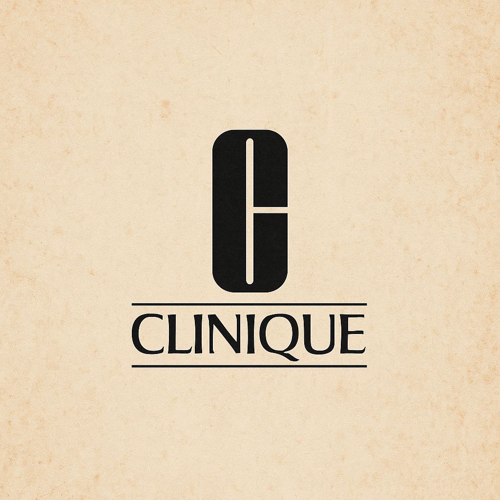 تاریخچه برند کلینیک Clinique با نمایش لوگوی رسمی روی پس‌زمینه وینتیج؛ نمادی از اصالت و نوآوری برند پیشرو در محصولات مراقبت از پوست و آرایشی
