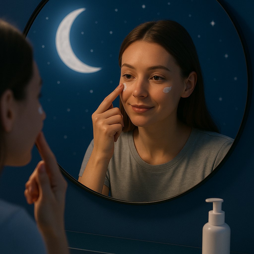 دختری با پوست چرب در حال زدن کرم شب مقابل آینه در اتاقی با نور ماه و تم شبانه