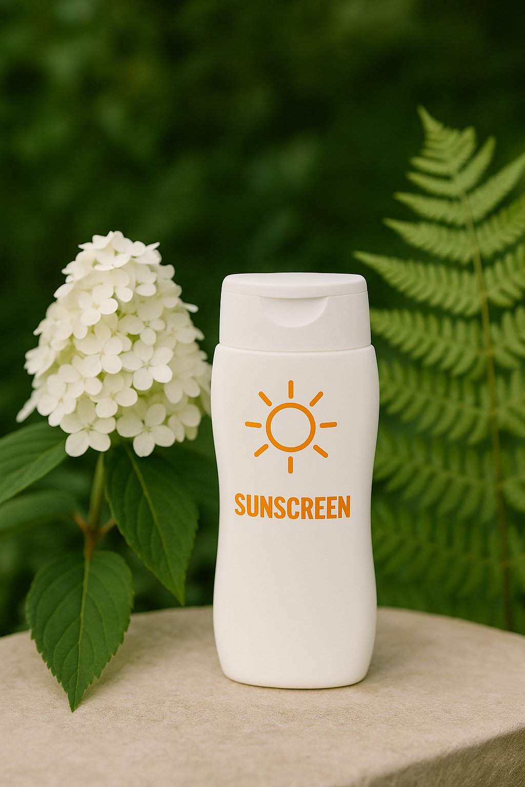 <img src="sunscreen_flower_compressed.jpg" alt="بطری ضدآفتاب سفید با نماد آفتاب نارنجی، قرار گرفته میان گل سفید و برگ سرخس سبز در فضای طبیعی">