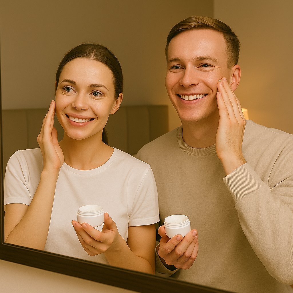 <img src="couple_moisturizer_compressed.jpg" alt="زن و مردی در حال زدن کرم مرطوب‌کننده به صورت خود در مقابل آینه، در فضایی گرم و خانگی">