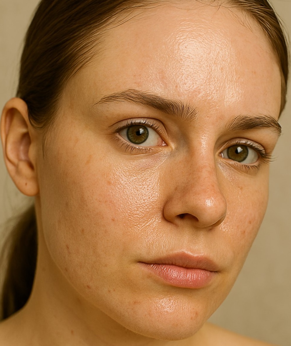 <img src="compressed_oily_skin_pores.jpg" alt="نمای نزدیک از پوست چرب یک زن با منافذ باز و درخشش سطحی در ناحیه پیشانی و گونه‌ها">