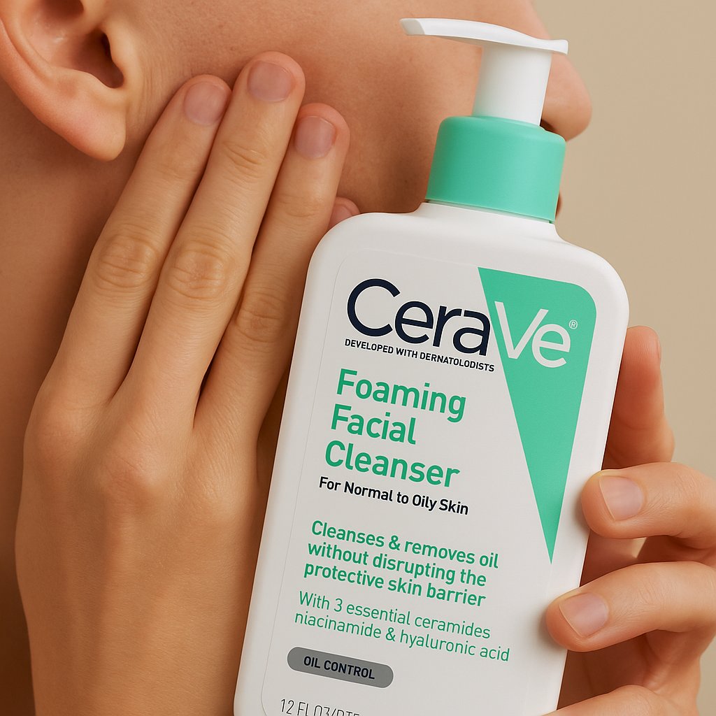 فردی در حال استفاده از شوینده صورت فومینگ سراوی CeraVe برای پوست نرمال تا چرب، حاوی سرامید، نیاسینامید و هیالورونیک اسید، مناسب پاکسازی عمقی و کنترل چربی پوست