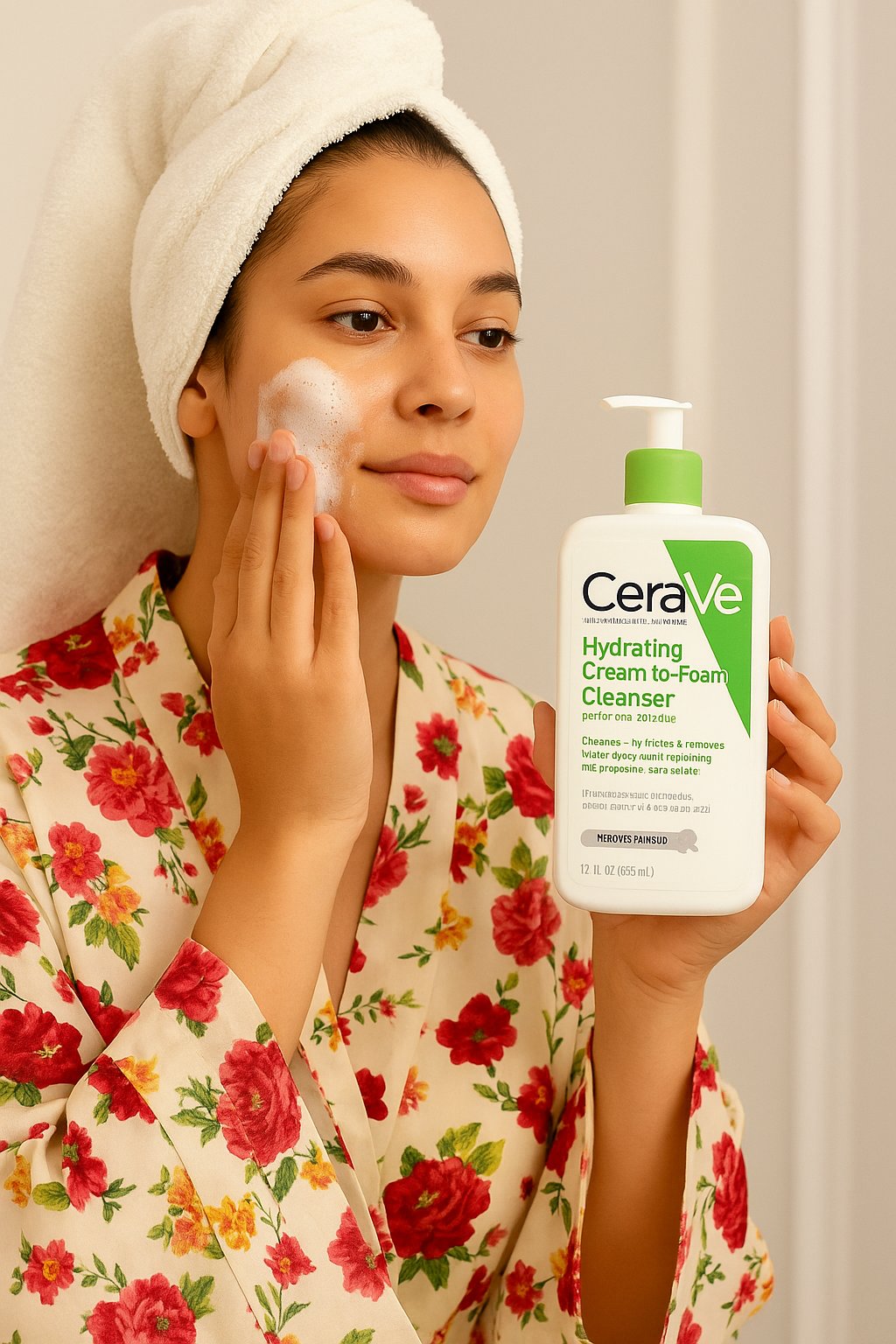 دختر جوان با حوله گل‌دار در حال استفاده از شوینده صورت کرمی به فوم سراوی CeraVe، مناسب پوست نرمال تا خشک، با کف فومی ملایم روی صورت در مقابل آینه