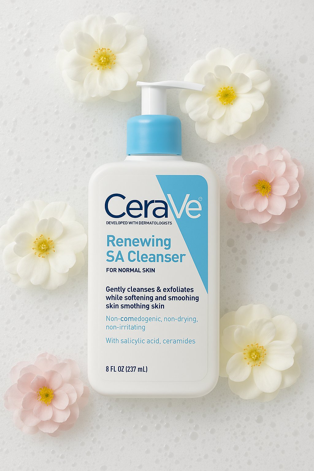 تصویر شوینده صورت سراوی مدل Renewing SA Cleanser با پس‌زمینه کف و گل‌های سفید و صورتی، حاوی سالیسیلیک اسید و سرامید برای پاکسازی و لایه‌برداری ملایم پوست نرمال