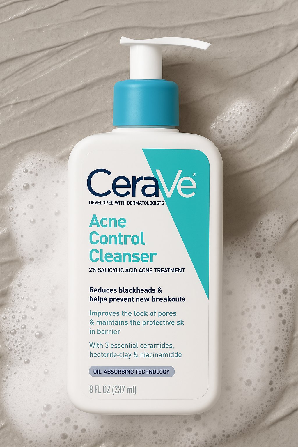 شوینده کنترل آکنه سراوی CeraVe Acne Control Cleanser با پس‌زمینه خاک رس و کف، حاوی سالیسیلیک اسید، خاک رس هکتوریت و نیاسینامید برای کاهش جوش و کنترل چربی پوست