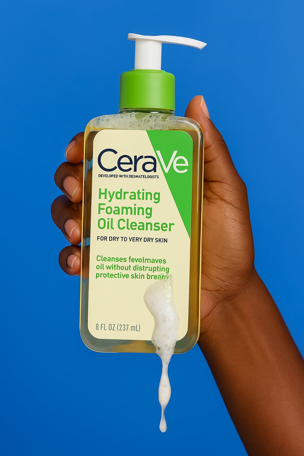 شوینده روغنی کف‌دار CeraVe Hydrating Foaming Oil Cleanser در دست یک زن با پوست تیره، همراه با کف سبک و با پس‌زمینه آبی، مناسب پوست خشک تا خیلی خشک و حساس