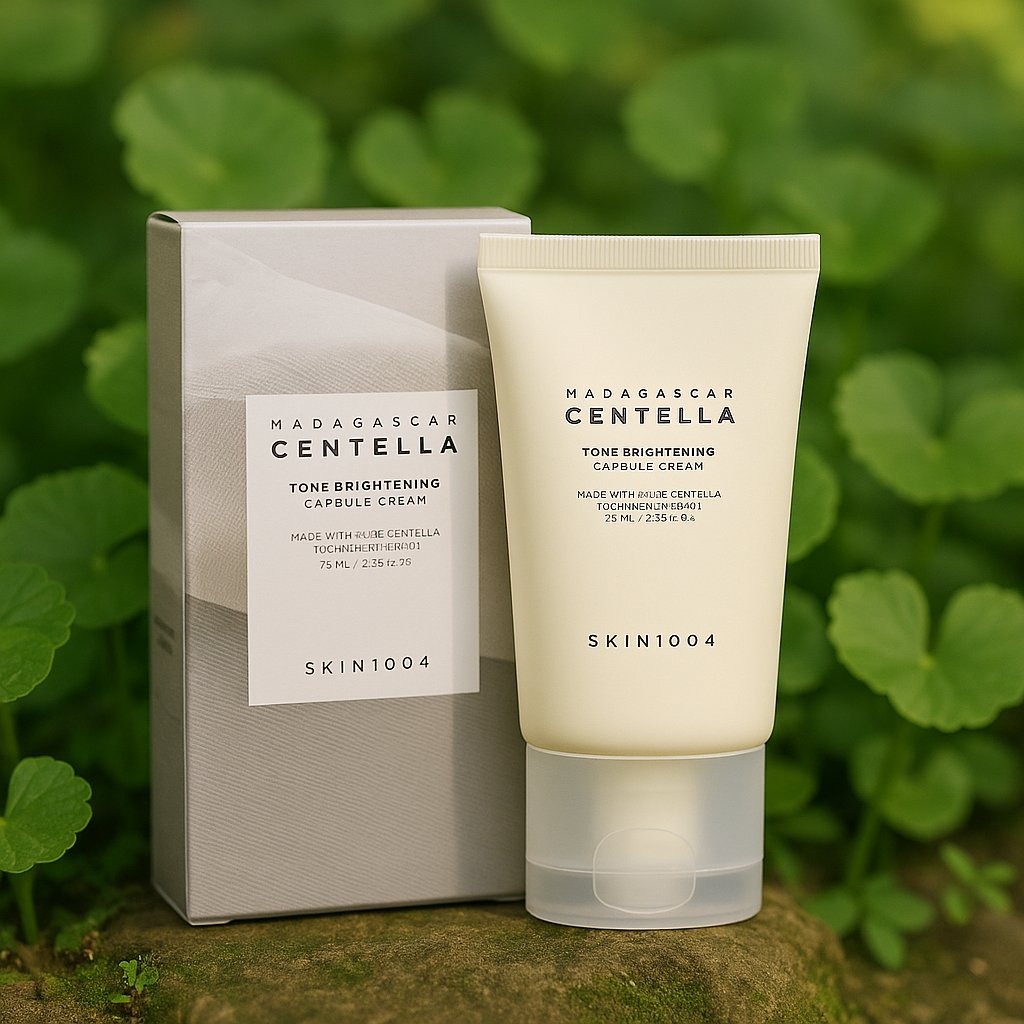 نمای نزدیک کرم کپسولی روشن‌کننده سنتلا SKIN1004 مدل Centella Tone Brightening با بسته‌بندی اصلی، در پس‌زمینه‌ای از برگ‌های تازه گیاه سنتلا آسیاتیکا، مناسب برای معرفی محصول روشن‌کننده و آبرسان پوست در فضای طبیعت.