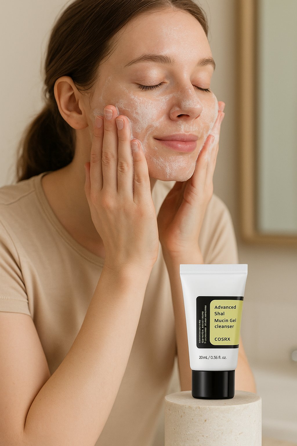 دختر جوانی در حال شستن صورت با فوم شستشوی COSRX Advanced Snail Mucin Gel Cleanser در حمام، با تیوپ محصول قرار گرفته روی سکو در جلوی آینه، مناسب پوست خشک و لک‌دار