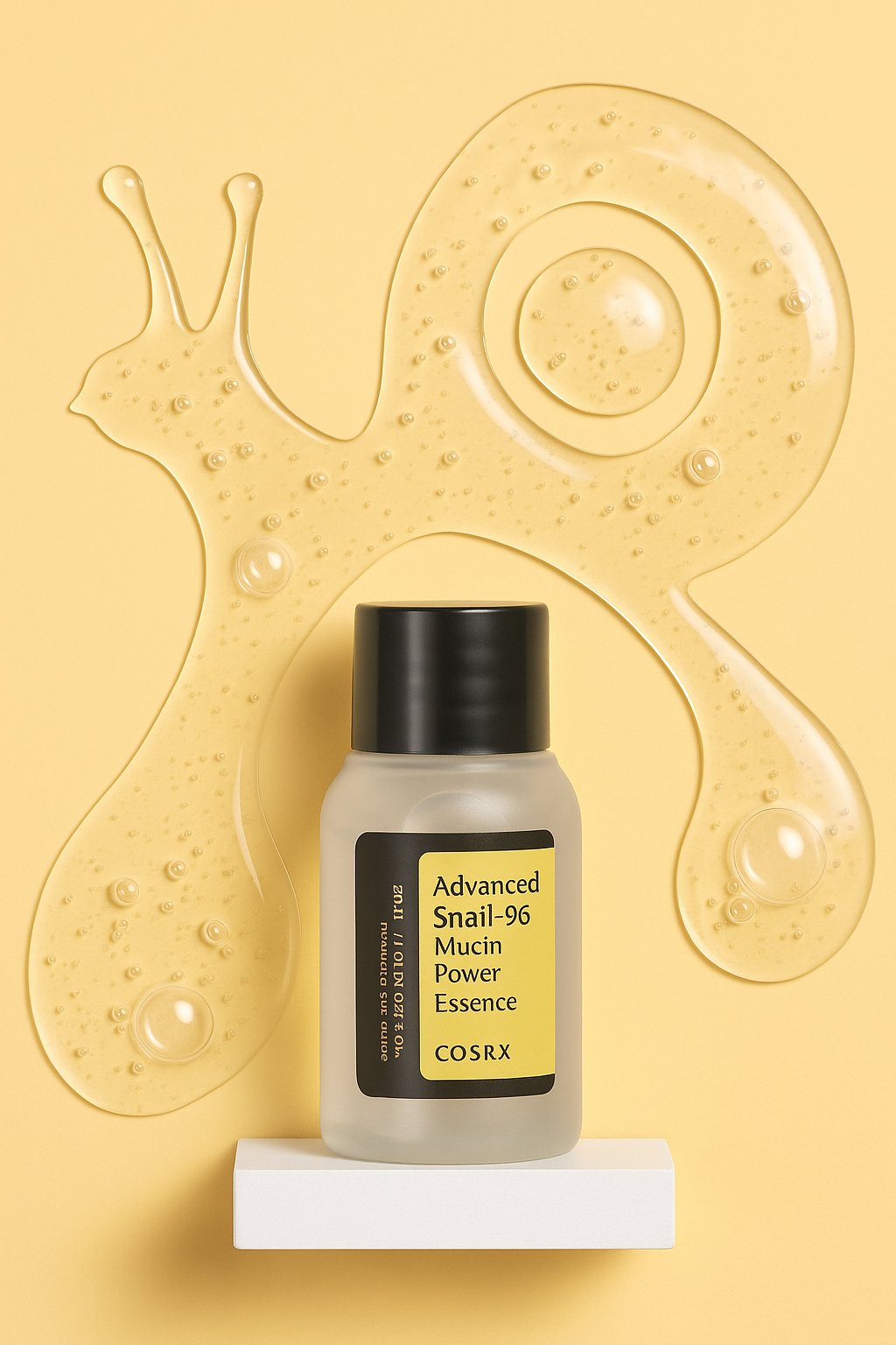 تصویر خلاقانه از بطری محصول COSRX Advanced Snail 96 Mucin Power Essence با پس‌زمینه زرد و طراحی ژلی به شکل حلزون، مناسب برای ترمیم و آبرسانی پوست