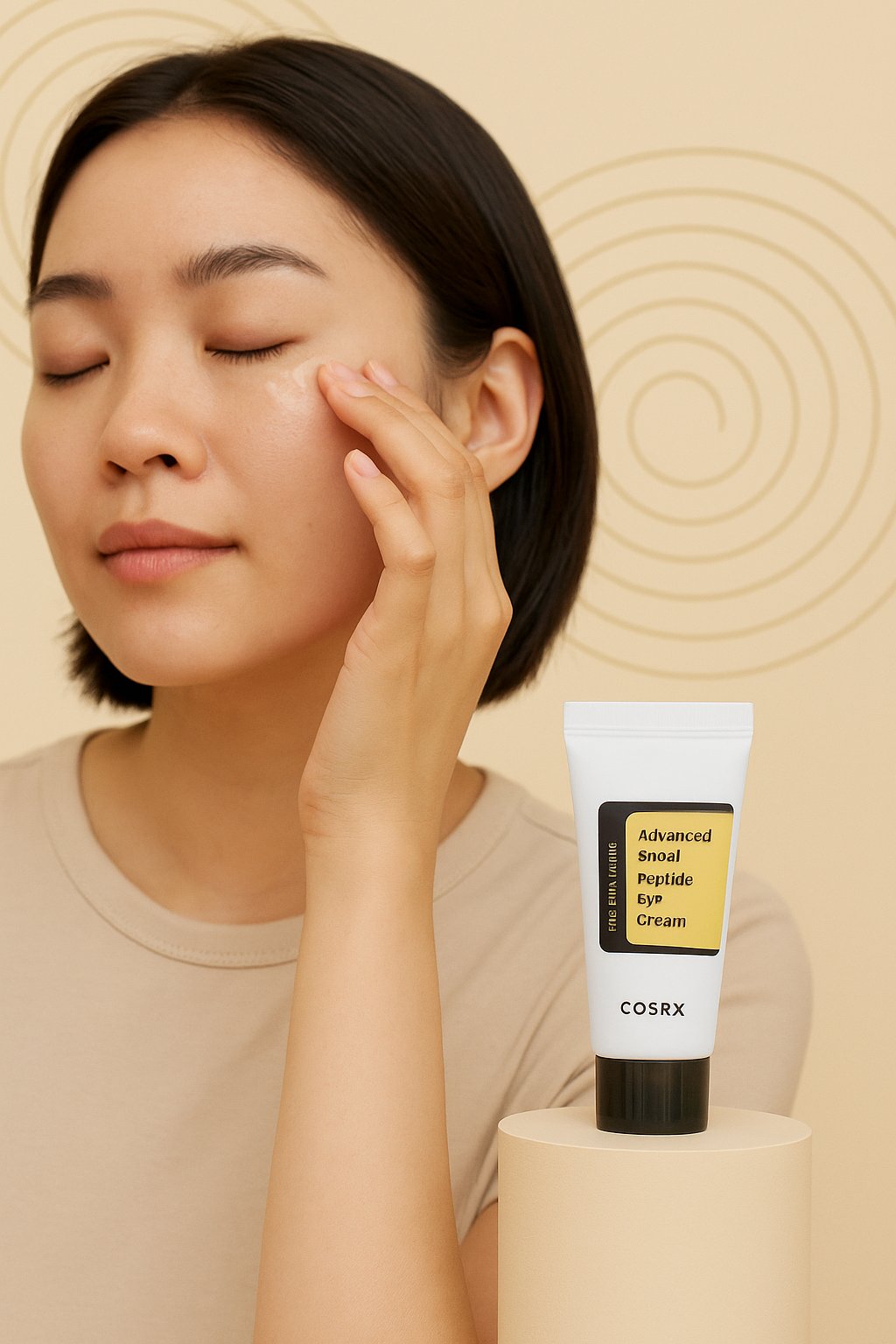 تصویر زنی با پوستی صاف که در حال استفاده از کرم دور چشم COSRX Advanced Snail Peptide Eye Cream است، با پس‌زمینه مینیمال و طراحی کرمی رنگ، مناسب کاهش چین و چروک و تیرگی اطراف چشم