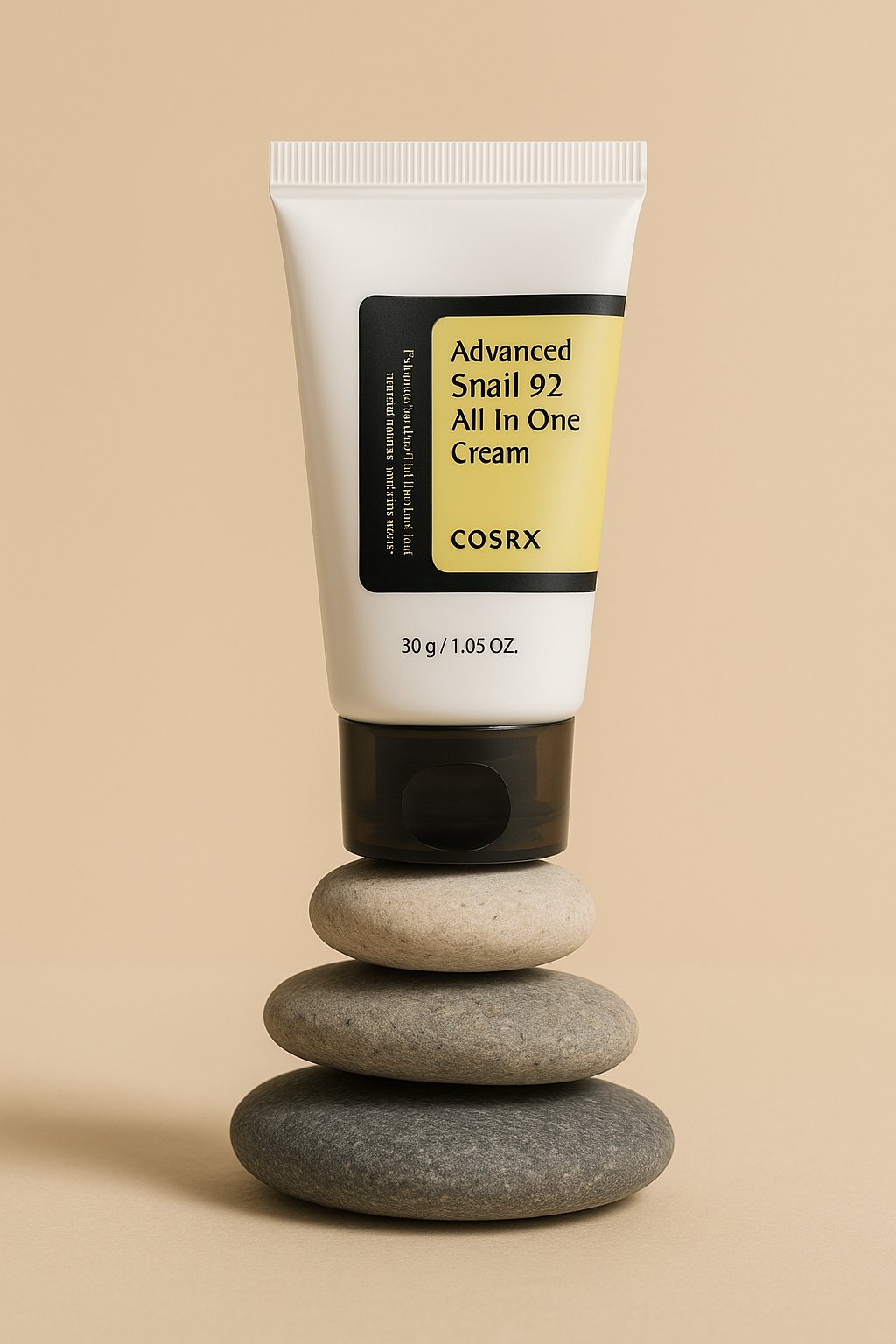 نمایی از تیوپ کرم COSRX Advanced Snail 92 All In One Cream قرار گرفته روی سنگ‌های تعادلی، با پس‌زمینه بژ مینیمال، مناسب برای ترمیم، آبرسانی و تقویت پوست خشک و آسیب‌دیده