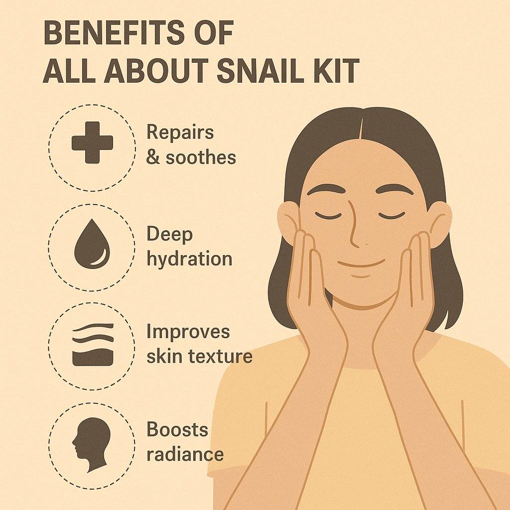 اینفوگرافی مزایای کیت مراقبت پوستی COSRX All About Snail Kit شامل ترمیم و تسکین پوست، آبرسانی عمیق، بهبود بافت پوست و افزایش درخشندگی، همراه با تصویر زن در حال ماساژ کرم به صورت با طراحی مینیمال و زمینه بژ
