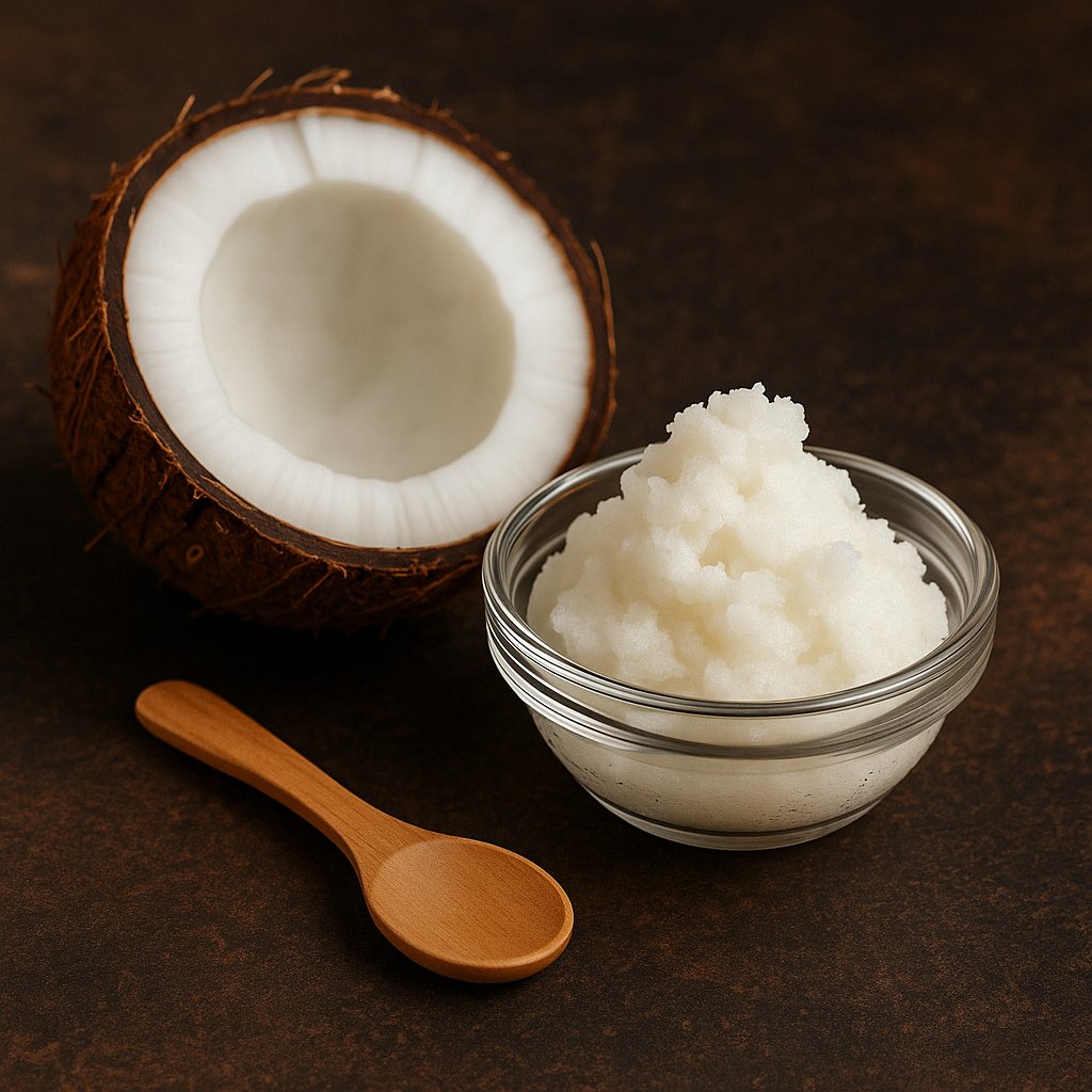 تصویر ماسک روغن نارگیل خالص در ظرف شیشه‌ای شفاف کنار یک نصفه نارگیل طبیعی و قاشق چوبی، مناسب برای محتوای مراقبت از مو و زیبایی با بک‌گراند لاکچری قهوه‌ای مرمری.