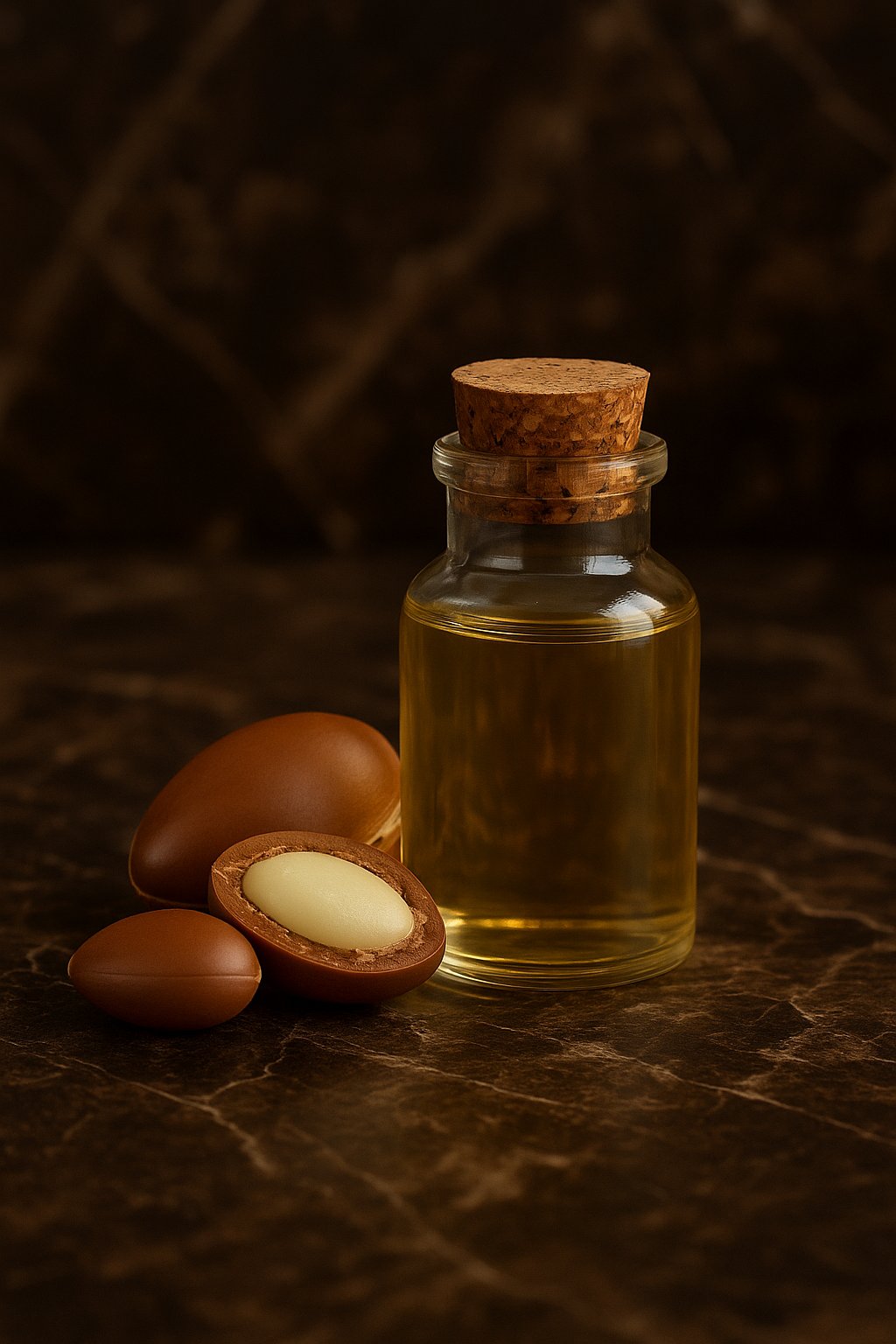 تصویر روغن آرگان خالص در بطری شیشه‌ای شفاف به‌همراه دانه‌های آرگان شکسته‌شده روی سطح مرمری تیره، مناسب برای محتوای مراقبت از مو، درمان خشکی و تقویت ساقه مو به روش طبیعی.