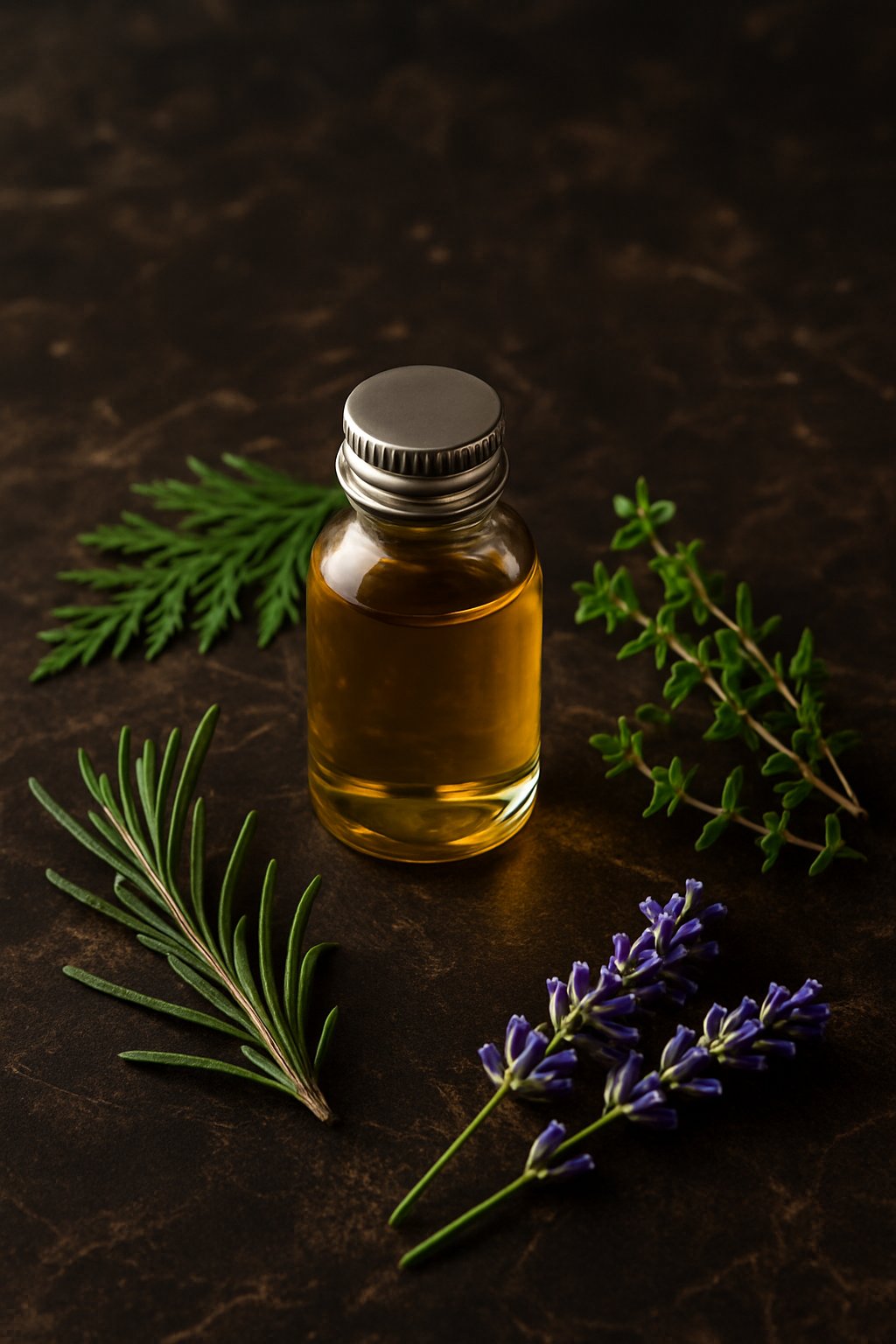 صویر ماسک روغن‌های گیاهی ترکیبی شامل رزماری، اسطوخودوس، آویشن و سدر، به‌همراه بطری شیشه‌ای حاوی روغن طلایی، روی سطح مرمری تیره؛ مناسب برای محتوای سلامت مو، درمان ریزش و مراقبت طبیعی پوست سر.