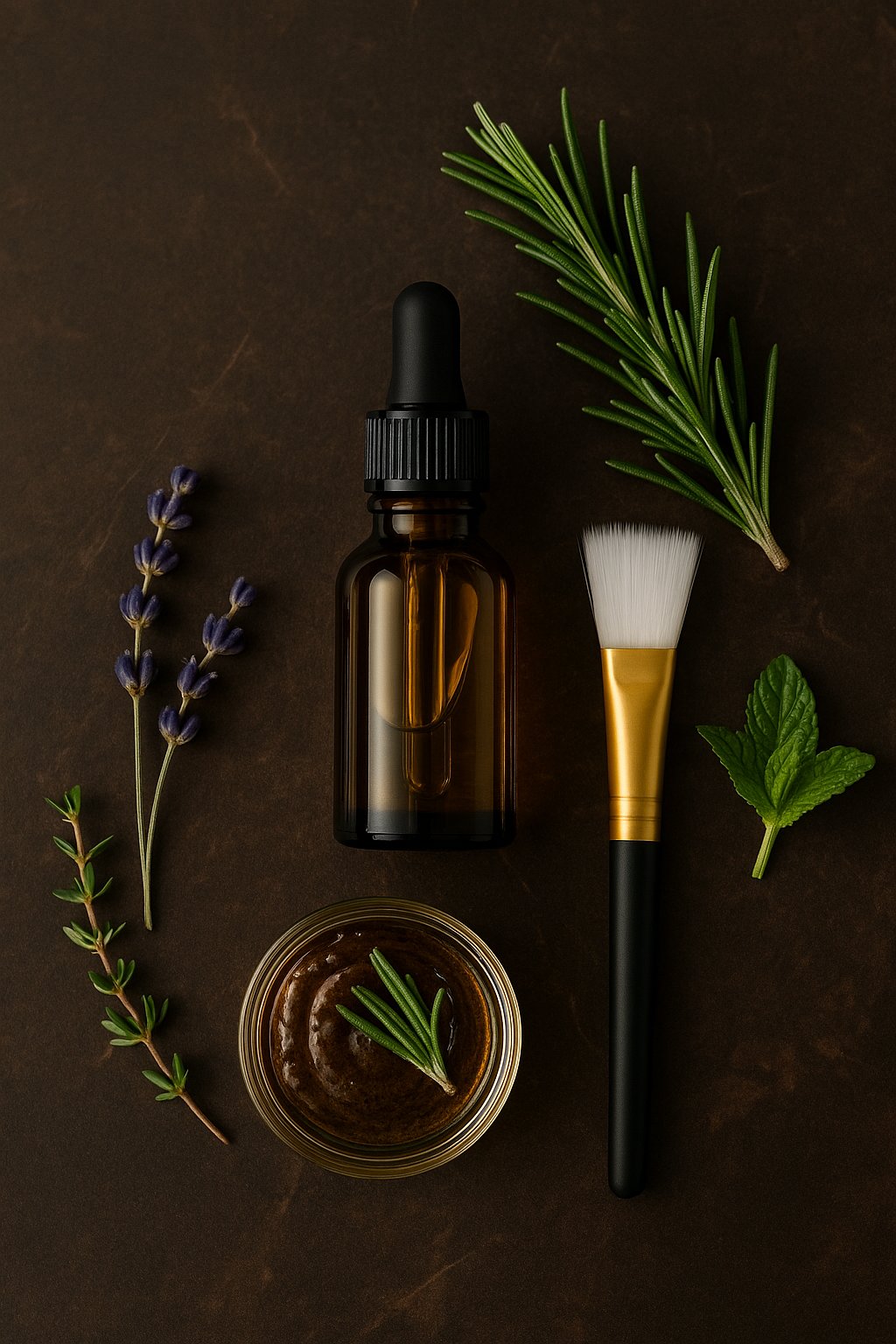 تصویر روغن رزماری خالص در بطری قطره‌چکانی که با ترکیبات طبیعی مثل نعناع، اسطوخودوس، آویشن و رزماری تازه، و برس مخصوص ماسک‌گذاری روی سطح مرمری تیره چیده شده‌اند؛ مناسب برای محتوای رشد مو، ماساژ پوست سر و مراقبت طبیعی مو. 