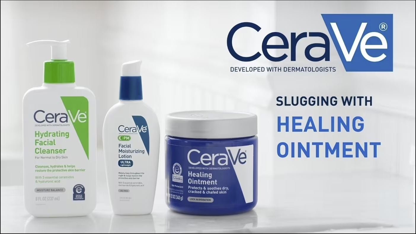 ست کامل محصولات مراقبت از پوست CeraVe شامل پاک‌کننده، مرطوب‌کننده شب و پماد ترمیم‌کننده Healing Ointment – مناسب برای روتین شبانه و تکنیک slugging برای پوست خشک و آسیب‌دیده