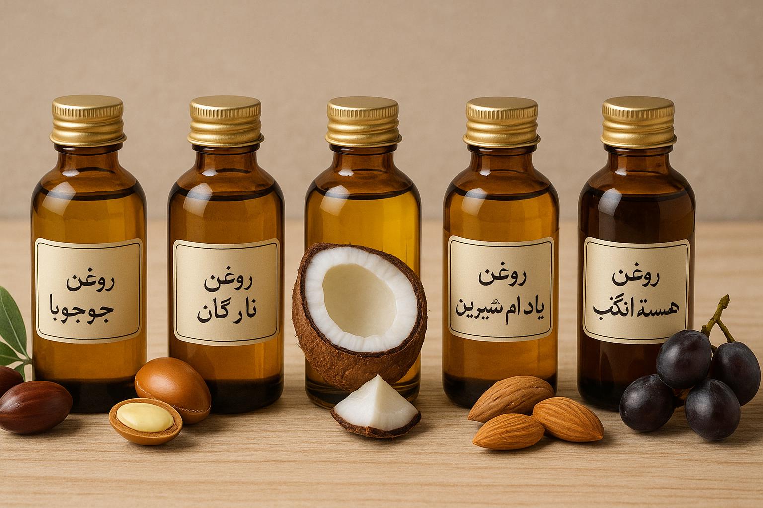 نج بطری شیشه‌ای قهوه‌ای حاوی روغن‌های طبیعی شامل روغن جوجوبا، روغن آرگان، روغن نارگیل، روغن بادام شیرین و روغن هسته انگور به‌صورت مرتب روی سطح چوبی چیده شده‌اند. هر بطری دارای برچسبی با نوشته فارسی نام روغن است و جلوی هر بطری، مواد خام مربوطه مانند نارگیل نصف‌شده، بادام، دانه آرگان، انگور سیاه و دانه‌های جوجوبا به‌طور طبیعی قرار گرفته‌اند. تصویر در نور ملایم و پس‌زمینه‌ای گرم و خنثی گرفته شده که حس آرامش و طبیعت را القا می‌کند