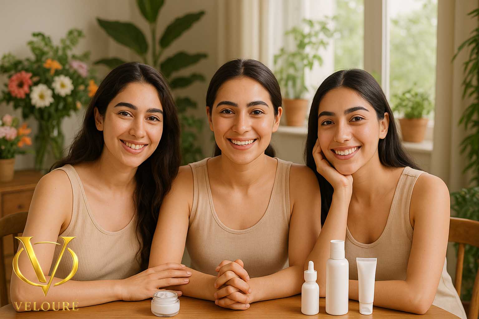 <img src="images/glowing-skin-natural.jpg"       alt="سه دختر ایرانی بدون آرایش و بدون حجاب، با لباس‌های کرم‌رنگ در فضای خانه‌ای سالم و پر از گل و گیاه، نمادی از پوست سالم، شفاف و درخشان در سبک زندگی طبیعی و بدون مواد شیمیایی" />